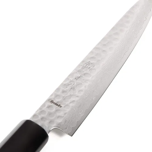 Vista 2 de Cuchillo japonés martillado Damasco VG-10 46 capas de mango de madera de magnolia octogonal, 6 pulgadas (5.906 in)