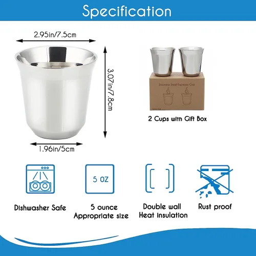 Vista 2 de Easyworkz Juego de 2 tazas de café expreso de acero inoxidable con aislamiento de doble pared de metal Demitasse Cups 2.5 oz