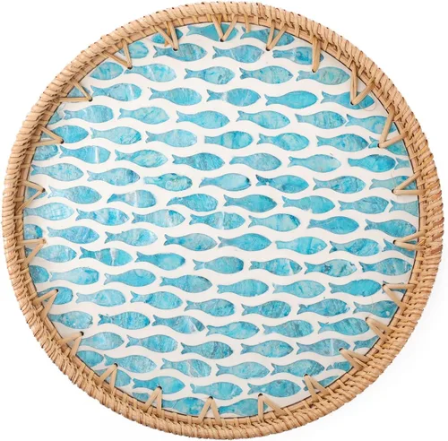 Vista 14 de Bandeja redonda de ratán con incrustaciones de nácar, bandeja de ratán para café, pan, frutas, bandeja decorativa de mimbre para decoración de mesa