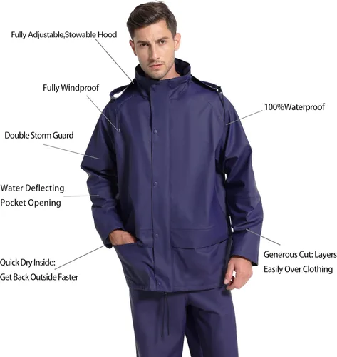 Vista 4 de Men's Pro Workwear Rain Suit 3-Piece Waterproof Jacket with Zip Hood & Bib Pant Heavy-Duty PU for Industrial & Work