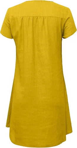 Vista 5 de ONGJWU Vestidos de verano para mujer, estampado de diente de león, manga corta, cuello en V, suelto, de algodón, lino, vestidos de otoño