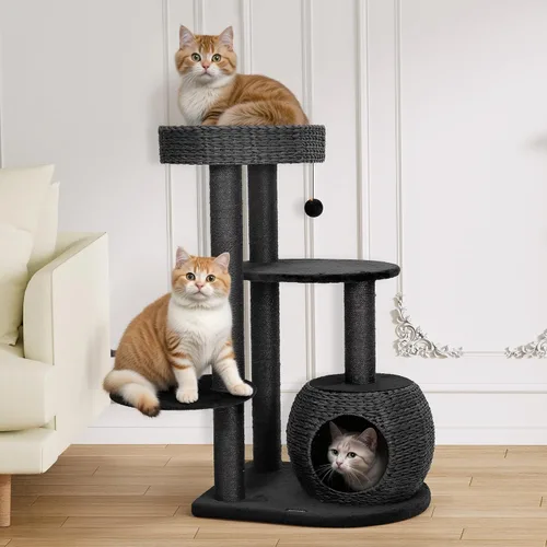 Vista 9 de KAMABOKO Árbol Moderno para Gatos, Torre de 53 pulgadas para Gatos de Interior, Postes Rascadores de Sisal Natural, Condominio Tejido a Mano