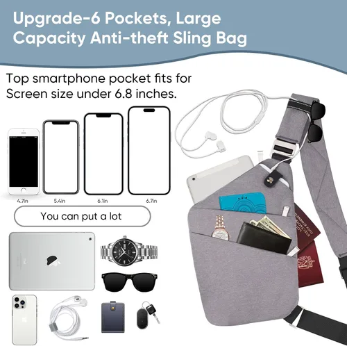 Vista 2 de VADOO Bolso bandolera para hombres y mujeres, bolso cruzado antirrobo, bolsa ligera para el pecho, para viajes, gimnasio, correr