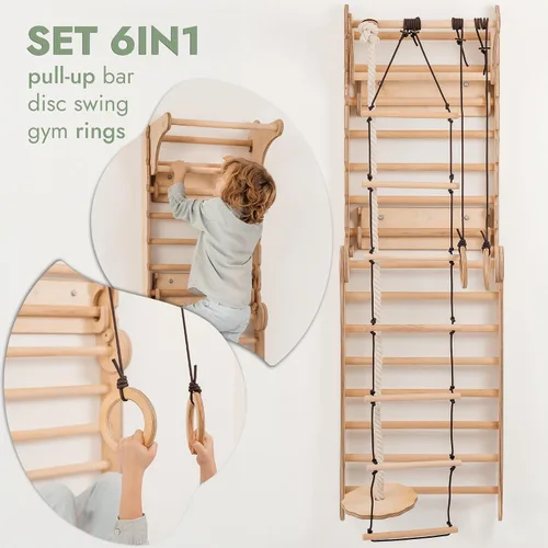 Vista 4 de Zona de juegos interior 6 en 1 para niños, pared sueca de madera, escalera de escalada, tobogán, columpio, anillos de gimnasia, pared de escalada