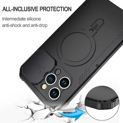 Vista 2 de Funda a prueba de golpes para iPhone 15, compatible con Magsafe de carga magnética, soporte de anillo magnético, cubierta protectora de lente