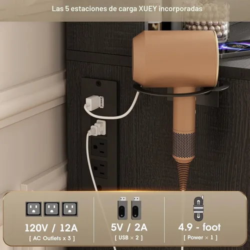 Vista 5 de Vabches Escritorio de tocador negro, espejo de tocador con luces, escritorio de maquillaje con taburete, mesa de maquillaje con grandes cajones