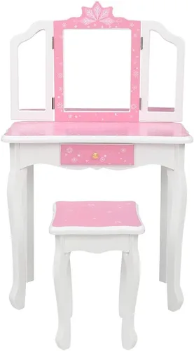 Vista 5 de Juego de tocador con espejo y taburete para niñas, tocador de maquillaje con cajón, mesa de tocador de princesa para niñas