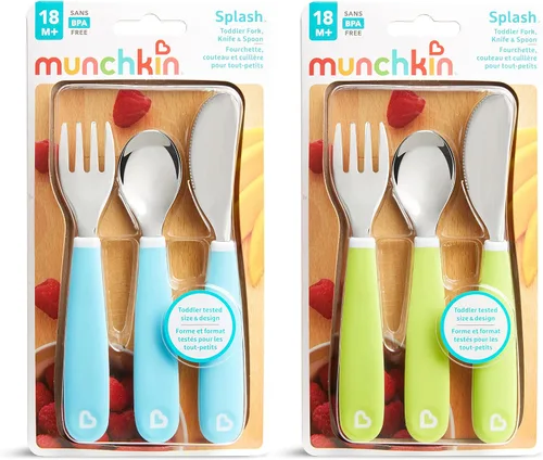 Vista 4 de Munchkin® Splash™ - Juego de utensilios de tenedor, cuchillo y cuchara para niños pequeños, paquete de 6, azul/verde