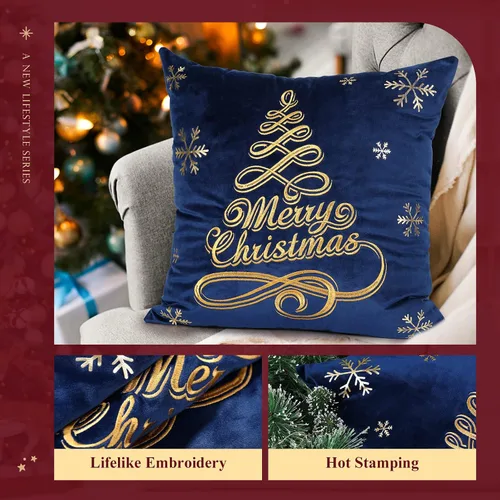 Vista 4 de Lewondr Fundas de almohada de Navidad, bordado de árbol de Navidad, patrón de estampado en caliente, fundas de almohada de terciopelo holandés