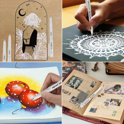Vista 4 de Qionew Bolígrafos de gel blancos, 1mm, 0.7mm de punta fina con tinta opacas blancas archivables para dibujo en papel negro, resaltado artístico
