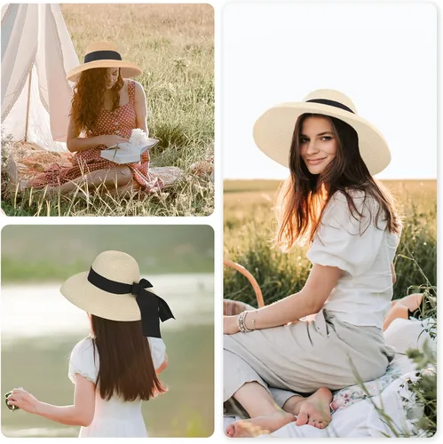 Vista 5 de Surblue Sombrero de verano de paja para mujer, sombrero de sol flexible de ala ancha para playa