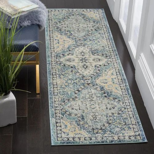 Vista 6 de SAFAVIEH Evoke Collection EVK274C - Alfombra decorativa de 2 pies 2 pulgadas x 4 pies, color azul claro/marfil con diseño de enrejado bohemio que