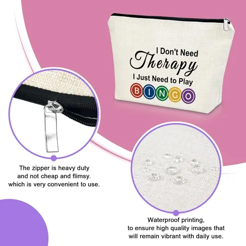 Vista 3 de Sazuwu Regalos para amantes del bingo, regalo de juego para mujeres, bolsa de maquillaje, No necesito terapia, solo necesito jugar al bingo 1 PC