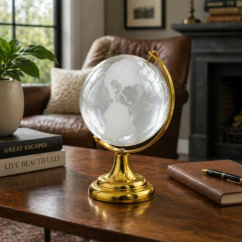 Vista 2 de BANBERRY DESIGNS Globo del mundo de cristal grabado en soporte y base de color latón, escritorio, caja de regalo, 2.25 pulgadas de diámetro