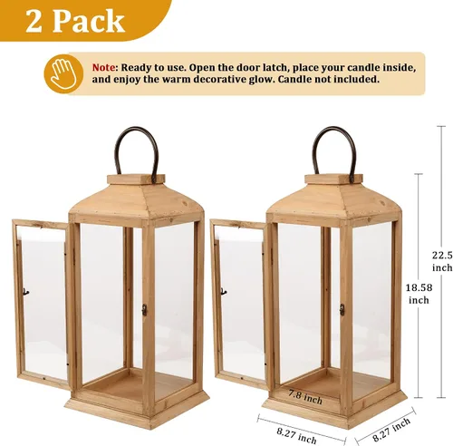 Vista 5 de Bdor Paquete de 2 faroles de madera para exteriores de 22.5 pulgadas para porche, solo farol Cristal templado, puerta delantera, farol decorativo