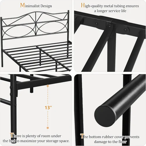Vista 7 de VECELO Base de cama de plataforma de metal tamaño individual con cabecera y estribo, base de colchón de soporte de listones resistentes, no necesita