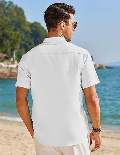 Vista 4 de COOFANDY Men's Short Sleeve Linen Shirt Band Collar Button Down Shirts Summer Beach Shirt