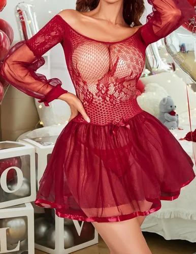 Vista 6 de Avidlove Lencería sexy para mujer, lencería de malla de encaje, babydoll de encaje, vestido de lencería de manga larga, camisola de malla, boudoir