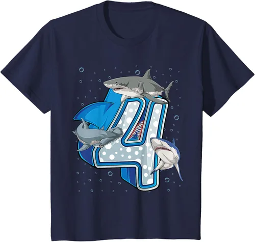 Vista 37 de Camiseta de 4.º cumpleaños para niños de 4 años con diseño de tiburón oceánico Negro