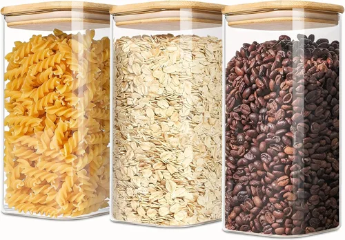 Vista 7 de Envases de almacenamiento de vidrio con tapas, tarro de almacenamiento de alimentos transparente con tapa de bambú sellada para fideos, harina