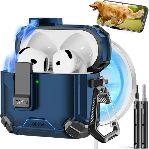 Vista 22 de Pohgelan - Funda compatible con AirPods Pro 2ª/1ª (verde) Cerradura magnética automática con kit de limpieza, compatible con Magsafe
