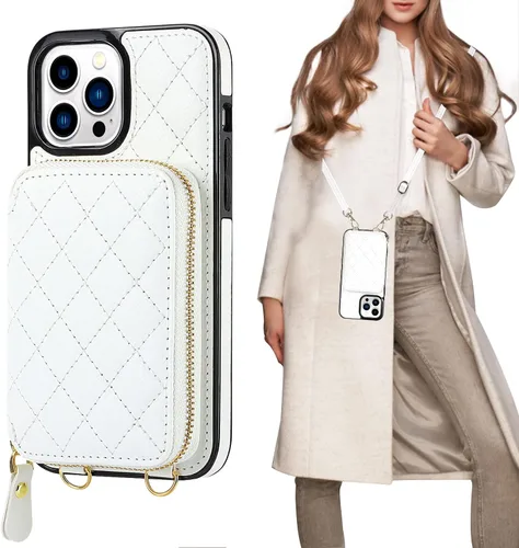 Vista 15 de Bocasal Funda tipo cartera cruzada para iPhone 13 Pro Max, bloqueo RFID de cuero PU con cremallera, bolso cartera con tapa plegable, funda tipo Beige