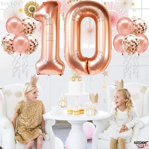 Vista 6 de KatchOn, Globo gigante de oro rosa del número 10 – 40 pulgadas Globo de oro rosa 10 con globos de confeti Decoraciones de 10 cumpleaños de oro