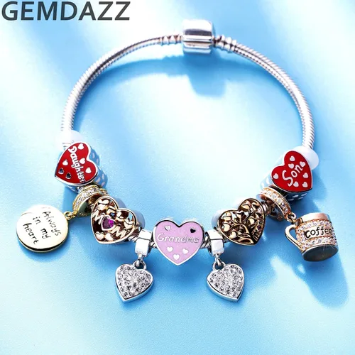 Vista 6 de Juego de dijes de corazón rosa de nana y abuela en plata de ley 925, regalo para bisabuelaabuela