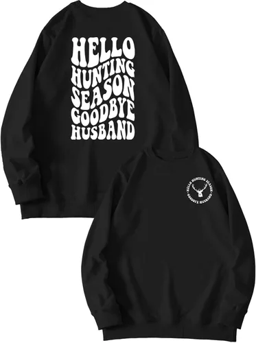 Vista 34 de DUDIHOHX Hello Hunting Season Goodbye Husband - Sudadera de manga larga con estampado de moda, casual, cuello redondo
