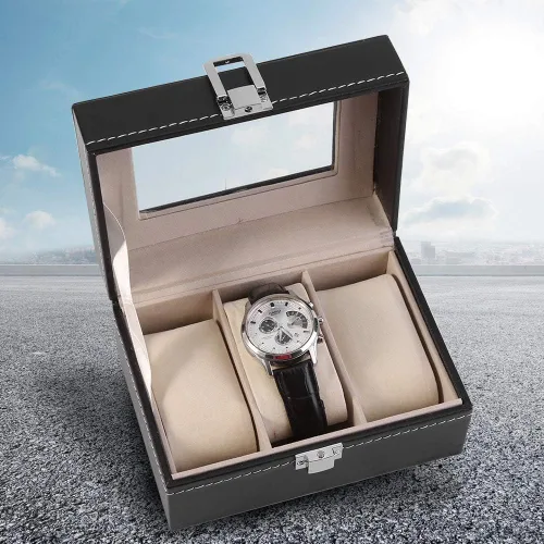 Vista 3 de plplaaoo Watch Case, Watch Box, Watch Storage Box, Watch Storage Case, Leather Watch Box, 1Pc High Grade 3 Slots PU Leather Box Case For Watch