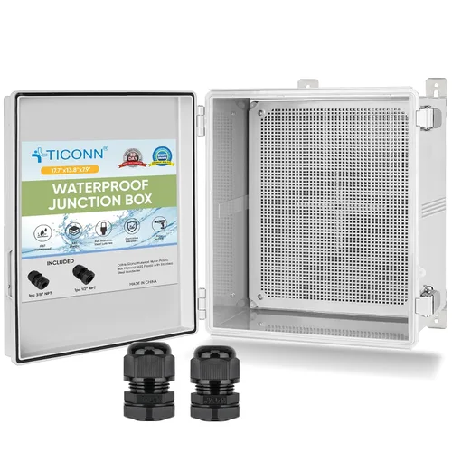 Vista 21 de TICONN - Caja de conexiones eléctricas impermeable IP67 con carcasa de plástico ABS con tapa con bisagras con placa de montaje, soportes de pared