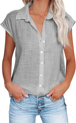 Vista 22 de Ceboyel Camisas para mujer de moda de verano, algodón, lino, manga corta, cuello con botones, blusa casual para mujer 2023