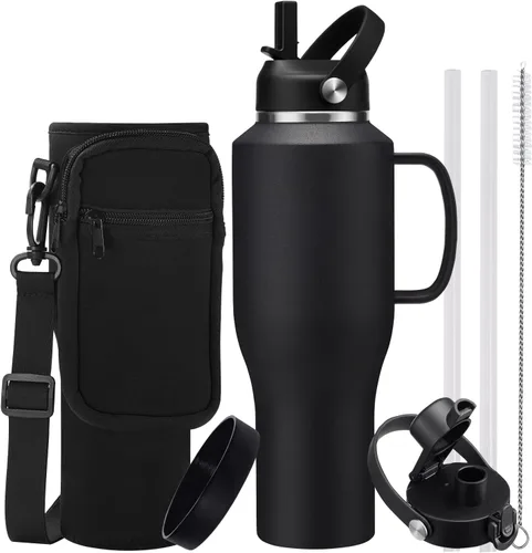 Vista 23 de Botella de agua de acero inoxidable de 32 onzas, frío-48 horas y caliente-24 horas, termo con popote y tapas de boquilla, bolsa, botella aislada al