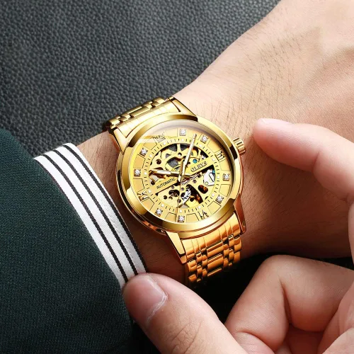 Vista 2 de OLEVS Men's Automatic Watch, Luxury Skeleton Large Face Roman Numerals Self Winding Watch, Gold Silver Stainless Steel Watches for Men