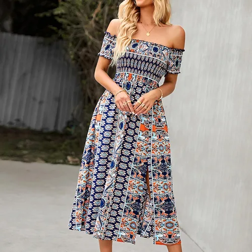 Vista 5 de GOTOTOP Vestido largo de verano con abertura y hombros descubiertos para mujer, estilo bohemio, estampado floral, acampanado, con vuelo