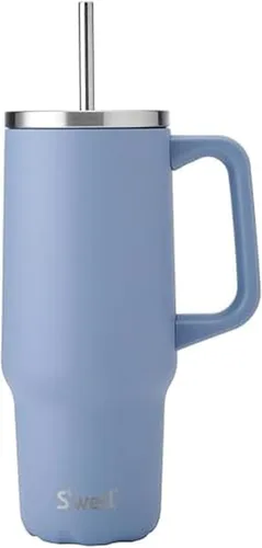 Vista 5 de S'well Vaso de acero inoxidable reciclado XL con popote y asa, 40 onzas, azurita, contenedor aislado al vacío de triple capa mantiene las bebidas