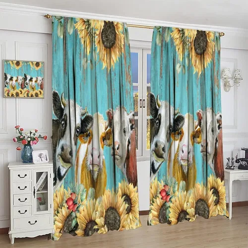 Vista 4 de Cortinas de vaca de animales de granja, ventana con estampado de girasol y vida silvestre del oeste para dormitorio, bolsillo para barra de madera
