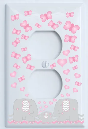 Vista 3 de Placa de interruptor de luz de elefante rosa y cubiertas de salida GFCI para decoración de guardería con corazones y mariposas de cheurones grises