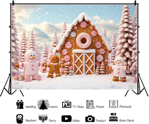 Vista 3 de Yeele Fondo de fotografía de pueblo de Navidad de 5 x 3 pies, dibujos animados, hombre de jengibre, hogar de galletas, fondo de invierno, nieve