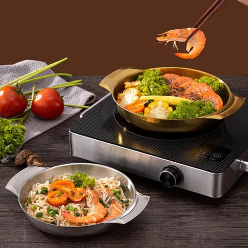 Vista 7 de Luxshiny Sartén de uso diario con asas, olla de acero inoxidable coreano Ramen olla de inducción para el hogar y al aire libre
