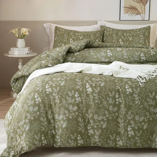 Vista 69 de Juego de funda de edredón blanca con estampado floral azul, juego de ropa de cama de algodón suave estilo bohemio, juego de ropa de cama estética