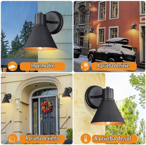 Vista 2 de Paquete de 2 Apliques de Pared para Exteriores - Luminarias de Pared para Exteriores Estilo Granja con Pantalla de Metal Martillado, Luz Negra