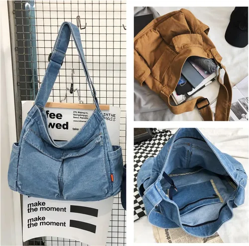 Vista 3 de KlaOYer Bolso bandolera de lona grande tipo hobo para la escuela, bolso bandolera con bolsillo para mujeres y hombres