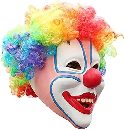 Vista 4 de Máscara de payaso de látex con pelo colorido, divertida máscara de payaso, disfraces espeluznantes para fiesta de cosplay para Halloween para adultos