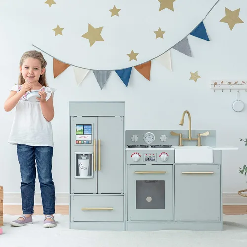 Vista 4 de Teamson Kids Little Chef Charlotte - Cocina Moderna Modular Interactiva de Madera para Jugar con Refrigerador, Estufa y Lavabo en Gris con Acentos