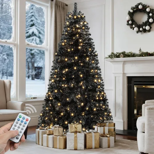 Vista 14 de GOOBED - Árbol de Navidad negro preiluminado de 6 pies con control remoto y 11 modos de luz Black Pre-Lit Spruce Hinged Artificial Halloween
