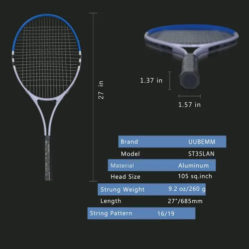 Vista 3 de Raqueta de tenis preencordada, ligera, de 27 pulgadas, raquetas recreativas para adultos, para hombres, mujeres, estudiantes, kit de entrenamiento
