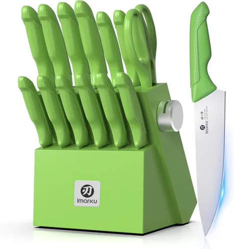 Vista 2 de imarku Juego de 14 cuchillos con bloque, juego de cuchillos de cocina de acero inoxidable japonés con afilador integrado, asas ergonómicas