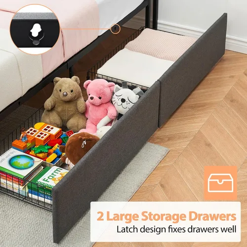 Vista 7 de GAOMON Base de cama tamaño individual con 2 cajones de almacenamiento y estación de carga, base de cama tapizada de lino rústico con cabecera