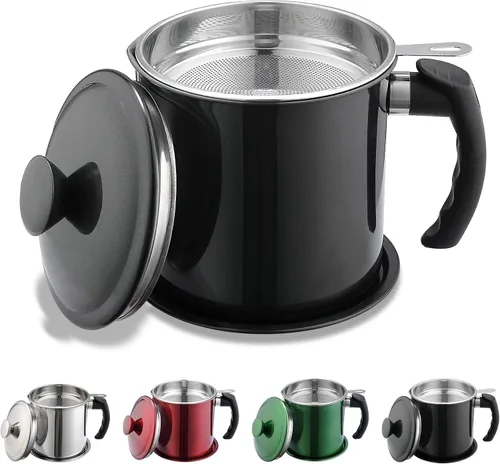 Vista 10 de Kyraton Contenedor de Grasa de Tocino con Colador, Recipiente de Aceite de Acero Inoxidable de 48 oz, Recipiente de Grasa de Olla con Tapa, Mango